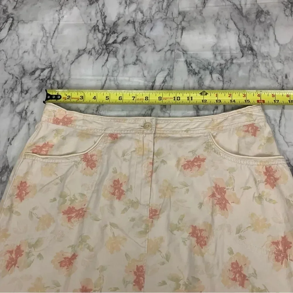 J.Jill Floral Print Skirt 100% Cotton Pastel Yellow Size 12 Vintage 90s